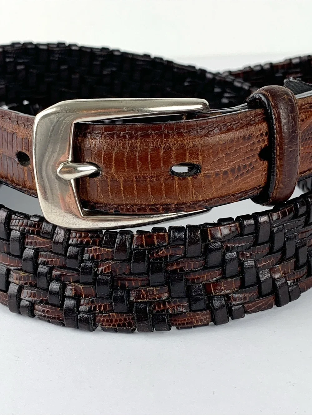 Vintage Brighton woven leather belt brown & black with reptile embossing size 36